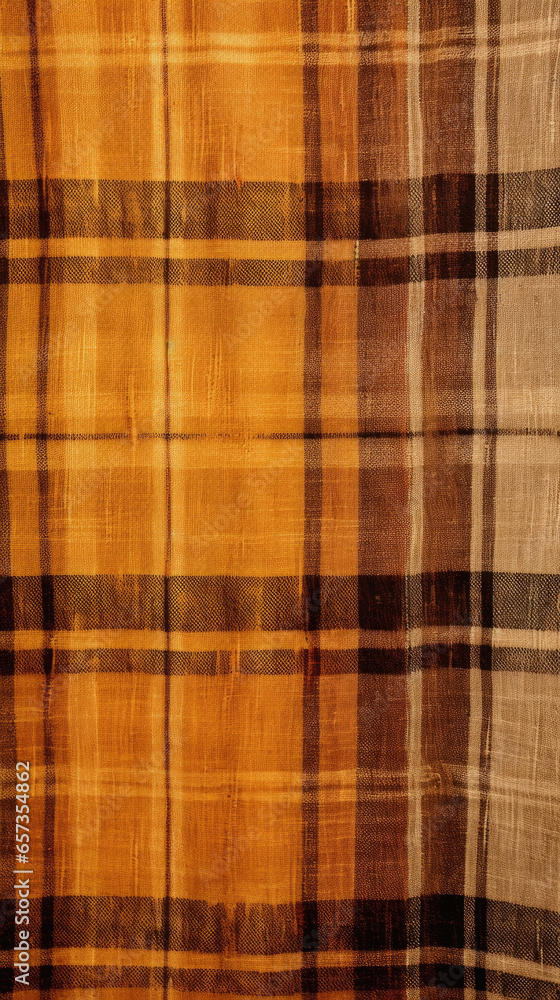 Texture of a rustic plaid fabric in earthy shades of brown, orange, and yellow. The material has a rugged and slightly uneven surface, giving it a homespun look and feel. Texture of a rustic plaid fabric in earthy shades of brown, orange, and yellow. The material has a rugged and slightly uneven surface, giving it a homespun look and feel.
