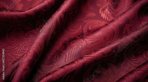 Texture of a brocade fabric in a rich burgundy color, with raised motifs in a paisley pattern. The fabric has a subtle sheen and a slightly rough texture, adding a unique depth to the design. photo
