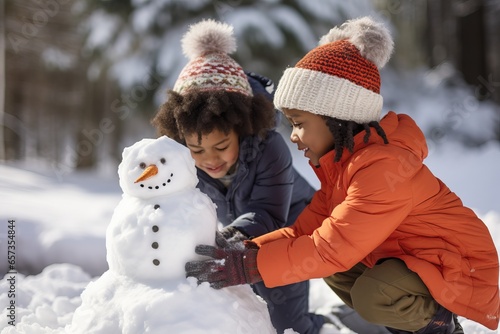 African American siblings building a snowman during winter