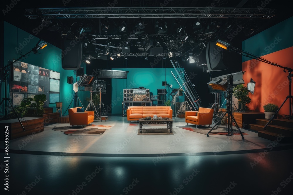 Studio interior for news broadcasting, vector empty placement with anchorman table on pedestal, digital screens for video presentation and neon glowing illumination. Realistic breaking news studio Studio interior for news broadcasting, vector empty placement with anchorman table on pedestal, digital screens for video presentation and neon glowing illumination. Realistic breaking news studio
