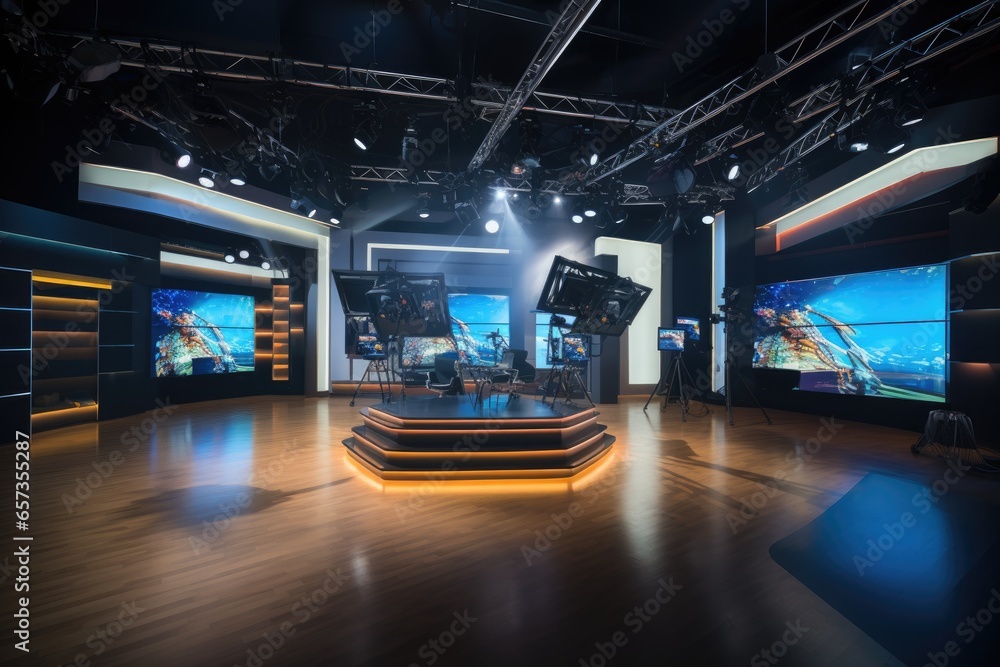 Studio interior for news broadcasting, vector empty placement with anchorman table on pedestal, digital screens for video presentation and neon glowing illumination. Realistic breaking news studio - obrazy, fototapety, plakaty 