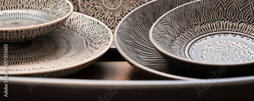 Closeup of fritware showcasing a mesmerizing mandalainspired design, with intricate outs and etchings in an array of geometric shapes. The texture is smooth, with a distinct matte finish. photo