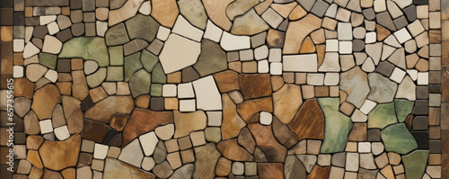 Texture of Earthy Mosaic Ceramic Artwork Inspired by nature, this mosaic artwork uses ceramic tiles in earthy tones of brown, green, and beige. The tiles have a rough and imperfect texture, photo