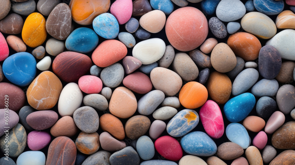 Texture of colorful pebbles on the riverbed This vibrant texture showcases a mix of colorful pebbles, ranging from shades of pink and orange to blue and green. The riverbed is mostly sandy, Texture of colorful pebbles on the riverbed This vibrant texture showcases a mix of colorful pebbles, ranging from shades of pink and orange to blue and green. The riverbed is mostly sandy,