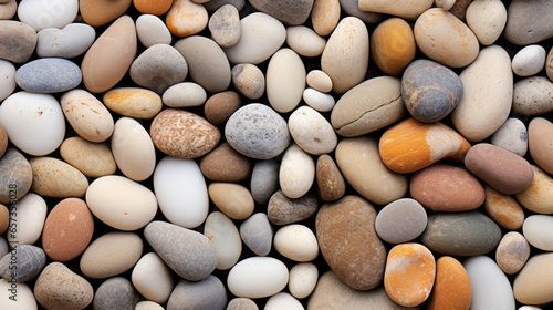 Texture of flat pebbles on the riverbed These pebbles have a flat and elongated shape, with a smooth and polished surface. The riverbed is mostly sandy, with these flat pebbles creating photo