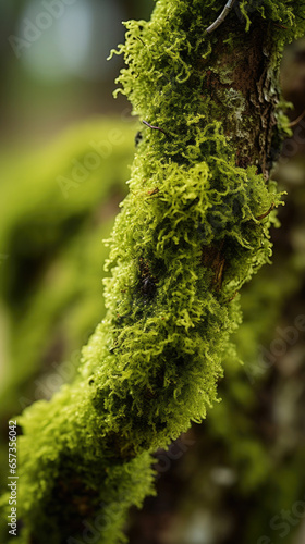 Closeup of Tree Moss on a gnarled branch, its tiny hairs creating a fuzzy and intricate texture.