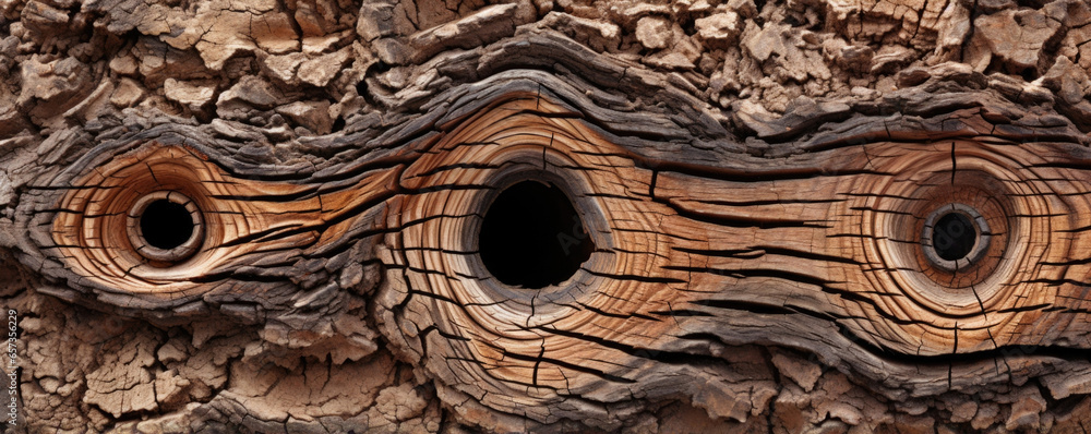 Texture of a pine tree bark featuring large, deep holes carved out by a ...