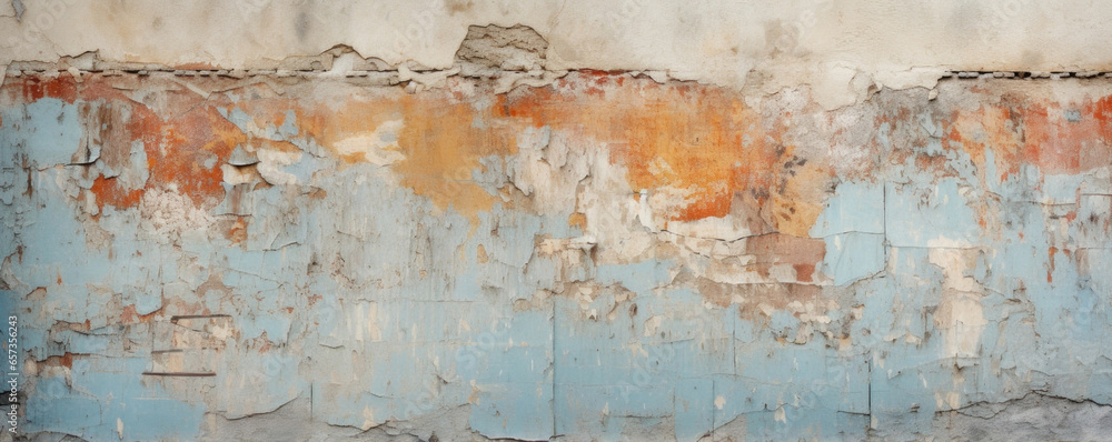 Texture of a decaying, vandalized concrete wall covered in faded graffiti. The paint is peeling and cracked, revealing the rough surface of the wall underneath.
