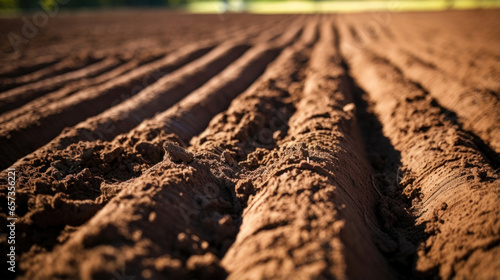 Closeup of Seedbed Preparation This texture depicts freshly tilled soil, with furrows meticulously prepared for planting. The soil is finely textured and smooth, with minimal debris and photo