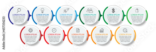 Business Infographic Template Design. Timeline with 11 marketing steps, options and icons. Vector linear infographic with eleven connected elements. Can be used for presentations in your business.