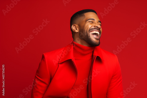 Ultra handsome man, smiling and laughing, wearing bright clothes. Bright solid red background