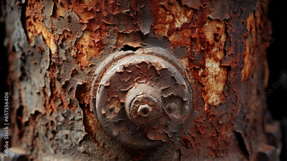 Closeup of a weathered fire hydrant, its metal surface heavily corroded and discolored. The texture is rough and pitted, with intricate patterns formed by years of exposure to moisture and Closeup of a weathered fire hydrant, its metal surface heavily corroded and discolored. The texture is rough and pitted, with intricate patterns formed by years of exposure to moisture and