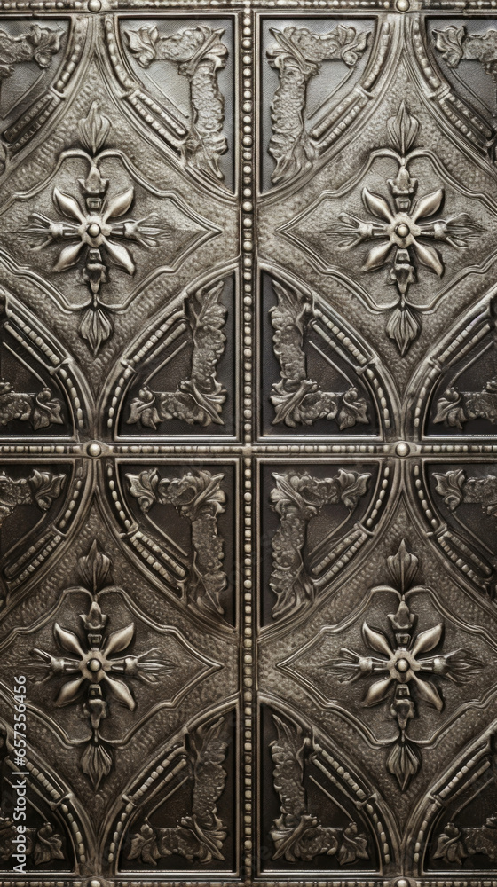 Texture of antique tin ceiling tiles This tin has a decorative embossed pattern with intricate details, giving it a luxurious texture. It has a patina of age and wear, adding charm and character