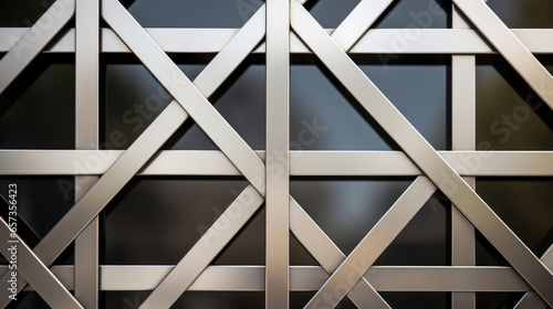 Texture of an iron fence with a geometric pattern of overlapping squares. The silver metal has a shiny and reflective surface, adding a modern touch to the traditional fence design. This