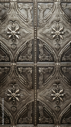 Texture of antique tin ceiling tiles This tin has a decorative embossed pattern with intricate details, giving it a luxurious texture. It has a patina of age and wear, adding charm and character