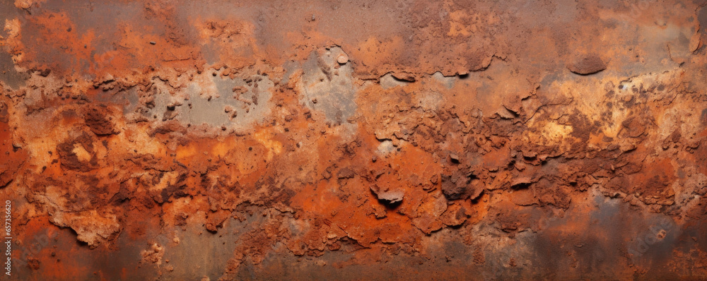 Closeup of oxidized iron An intricate shot of an iron object covered in a layer of rust and oxidation, resulting in a textured surface with shades of orange, brown, and deep red. The texture
