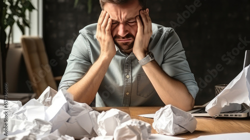 Generative AI, upset sad anxious man sitting at a desk littered with crumpled sheets of paper, deadline, stress, creative pangs, tax reporting, businessman, loan, disappointment, depression, office