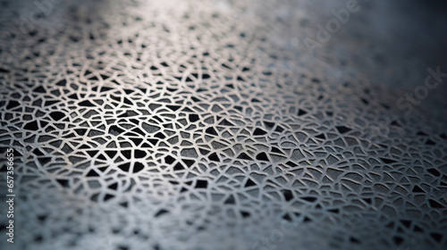 Closeup of etched galvanized metal A detailed closeup of an etched galvanized metal surface, revealing intricate patterns and designs created by chemical etching. The metal has a smooth