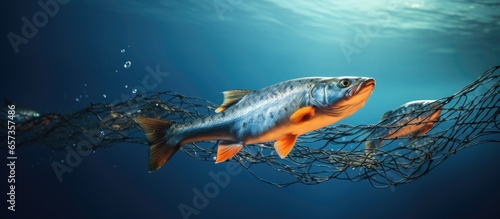 Trout fish caught in a net With copyspace for text © 2rogan