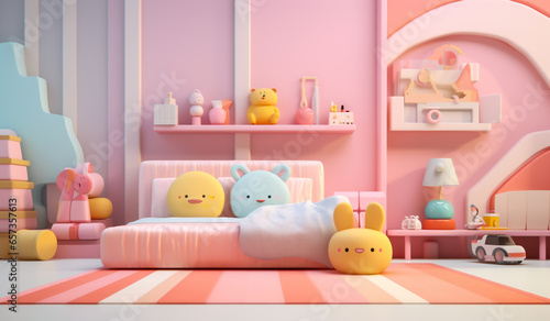 Toy bedroom in soft colors, plasticized material, educational for children to play. AI generated