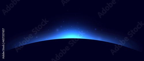 Planet eclipse concept. Blue solar light glare effect. Abstract glowing sunrise on dark background. Earth horizon halo illustration. Vector design for poster, banner, cover, brochure, booklet