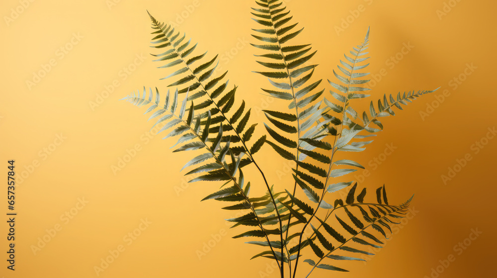 Naklejka premium Generative AI, fern leaves on a beige background, plant branches, herbarium, background for advertising, empty space, floral, nature, eco-friendly, stylish, ikebana, space for text, forest, flower