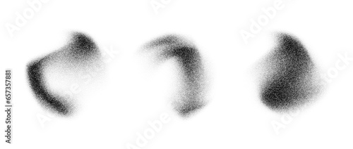 Curved fluid stippled gradient elements. Noise grain texture stains shape set. Black and white dotted spray forms and sand dust spots. Halftone splatter shades collection. Vector dot work splashes