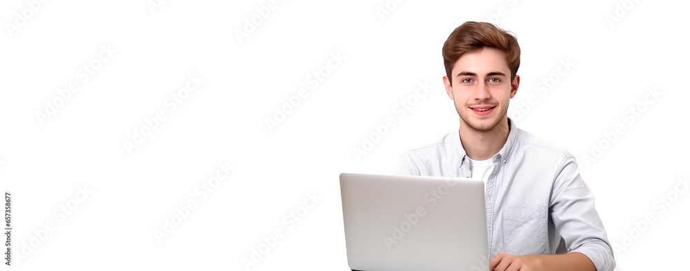 Portrait of a young freelancer man working at a laptop remotely on a white background with copy space. Template banner online training, remote work, courses. Portrait of a young freelancer man working at a laptop remotely on a white background with copy space. Template banner online training, remote work, courses.