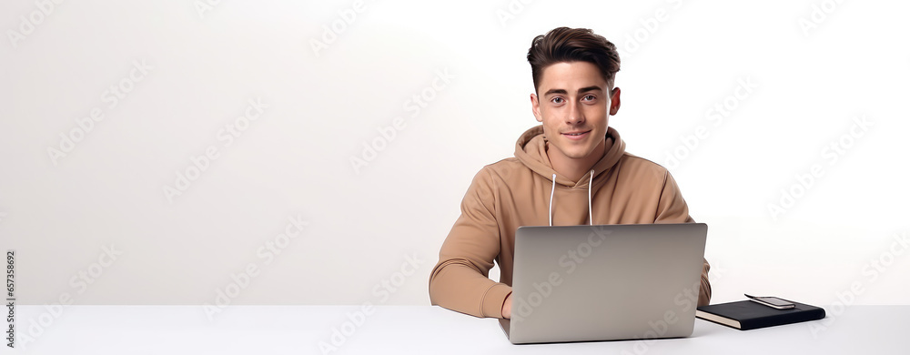 Portrait of a young freelancer man working at a laptop remotely on a white background with copy space. Template banner online training, remote work, courses. Portrait of a young freelancer man working at a laptop remotely on a white background with copy space. Template banner online training, remote work, courses.