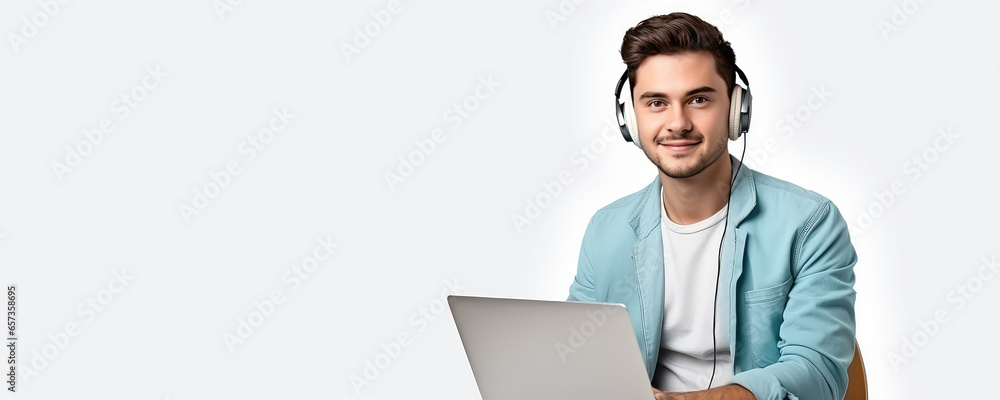 Portrait of a young freelancer man working at a laptop remotely on a white background with copy space. Template banner online training, remote work, courses. Portrait of a young freelancer man working at a laptop remotely on a white background with copy space. Template banner online training, remote work, courses.