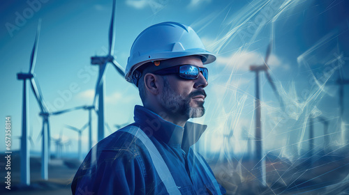 Portrait of an engineer in helmet against windmills, illustration, double exposure. Engineer in renewable energy industry, working in designing and maintaining wind farms.