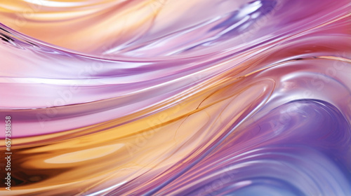 Closeup of a rippled iridescent glass, resembling oil on water with shimmering shades of pink, purple, and gold.