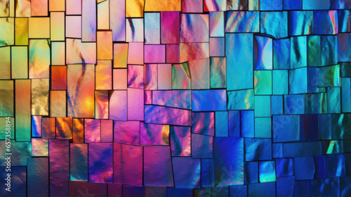 Texture of iridescent prismatic glass, reflecting a rainbow of colors in every direction.