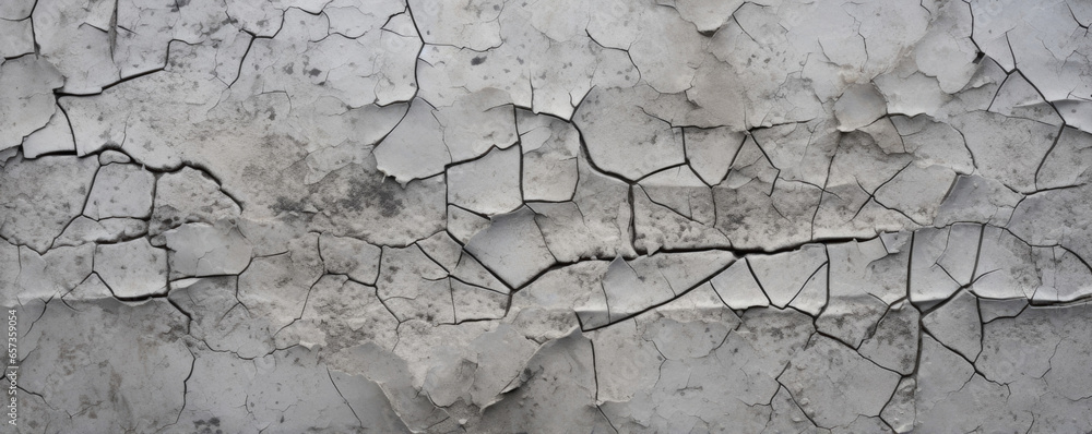 Texture of cracked concrete, with a mosaic of jagged lines and fissures resembling a puzzle. - obrazy, fototapety, plakaty 
