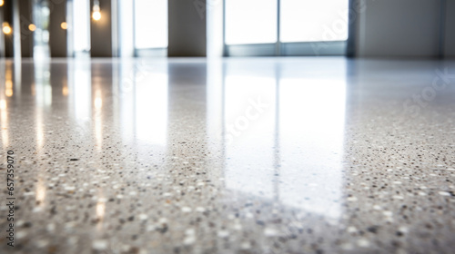 Closeup of Polished Aggregate Concrete Flooring The polished aggregate concrete floor has a luxurious and highend look, with a mix of aggregate sizes and colors creating a unique and eyecatching photo