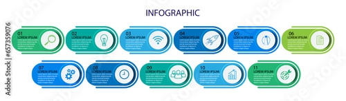Business Infographic Template Design. Timeline with 11 marketing steps, options and icons. Vector linear infographic with eleven connected elements. Can be used for presentations in your business.