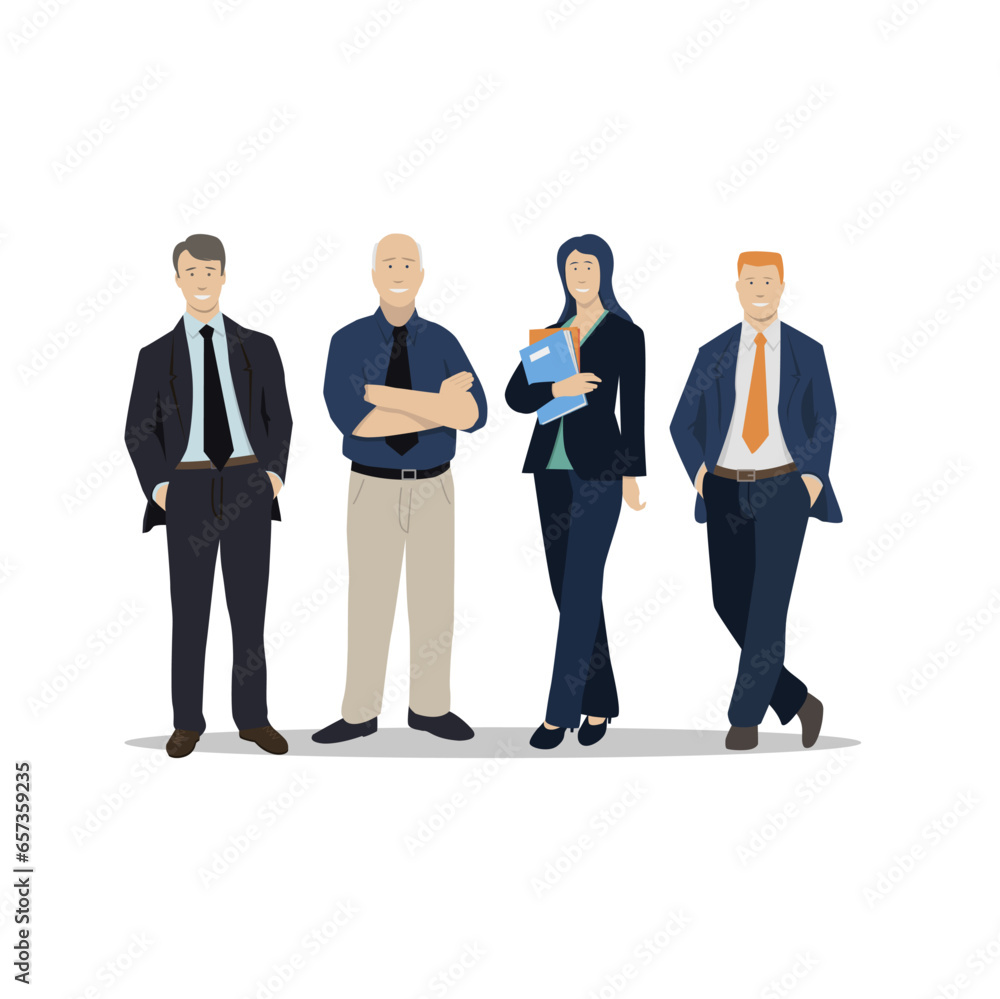 Illustration vectorielle représentant des hommes et des femmes d'affaires, des employés de bureau. Une équipe souriante au travail Illustration vectorielle représentant des hommes et des femmes d'affaires, des employés de bureau. Une équipe souriante au travail
