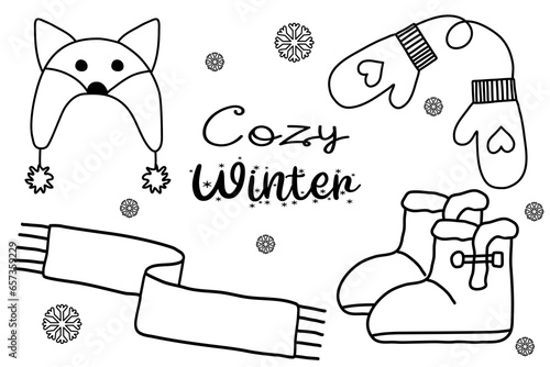 Set of boots, cute hat, scarf and mittens, warm winter accessory, doodle style flat vector outline
