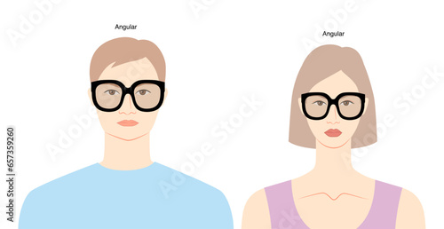 Angular frame glasses on women and men flat character fashion accessory illustration. Sunglass front view unisex silhouette style, rim spectacles eyeglasses with lens sketch outline isolated on white
