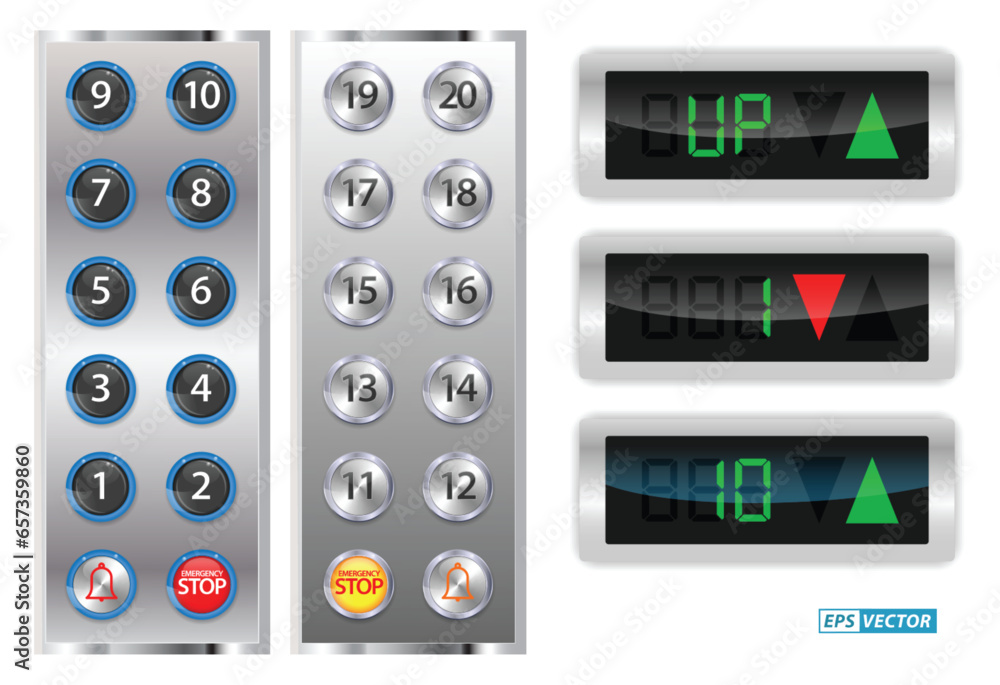 set of realistic elevators buttons with chrome metal. 3D Render set of realistic elevators buttons with chrome metal. 3D Render