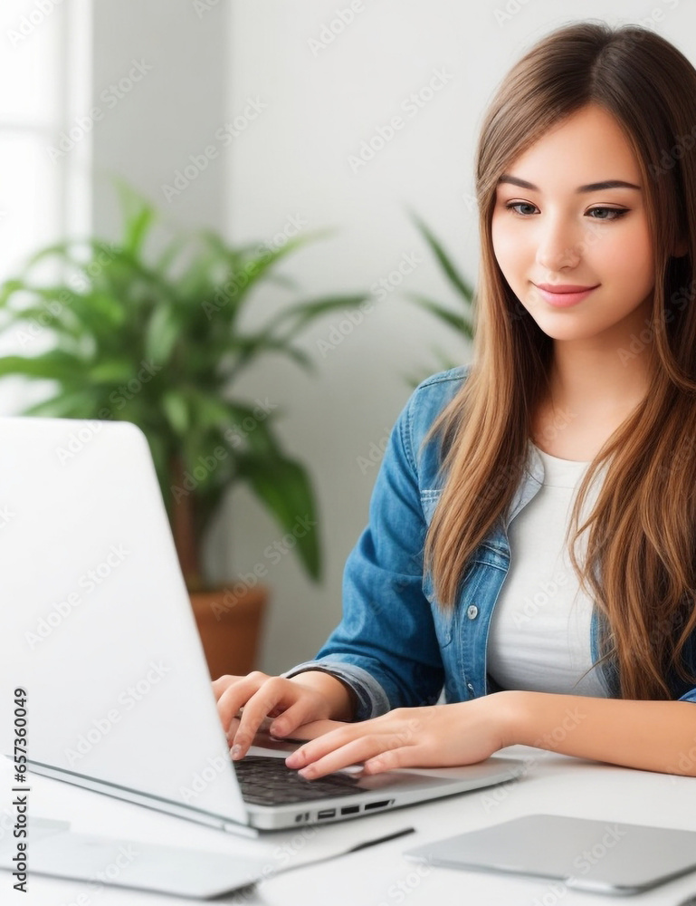 A beautiful young woman is working with a laptop A beautiful young woman is working with a laptop
