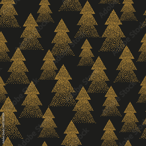 Seamless Christmas pattern with golden fir trees. Wrapping paper design, holiday vector illustration