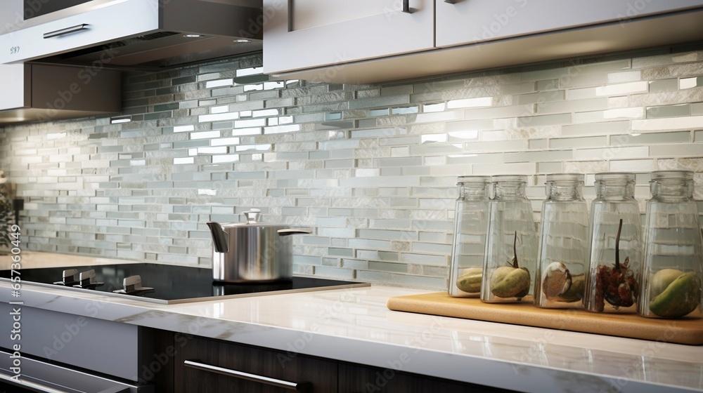 modern kitchen or bathroom back splash adorned with textured glass tiles, background image, AI generated - obrazy, fototapety, plakaty 