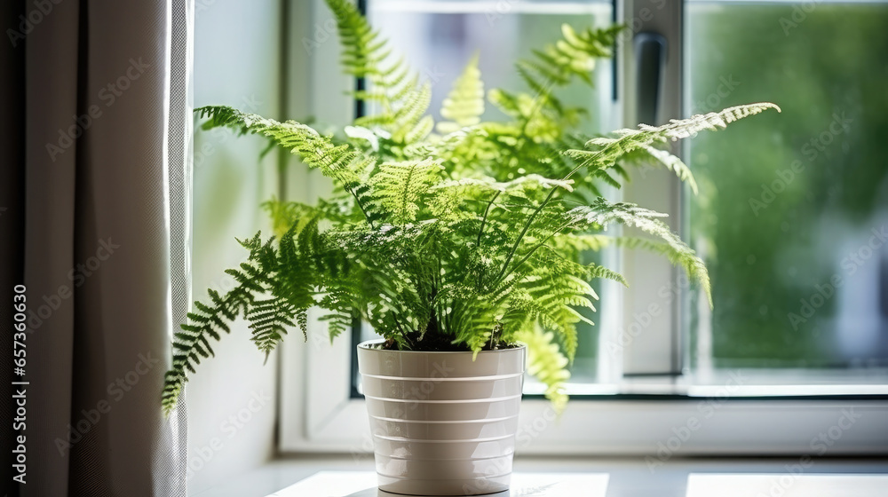 Generative AI, green fern stands on the window, sunlight, forest plants in the interior, Scandinavian design, floral decor, natural colors, space for text, windowsill, leaves, branches, stems, home - obrazy, fototapety, plakaty 