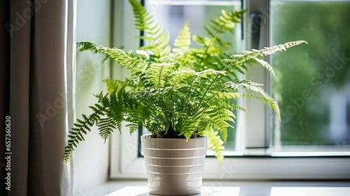 Generative AI, green fern stands on the window, sunlight, forest plants in the interior, Scandinavian design, floral decor, natural colors, space for text, windowsill, leaves, branches, stems, home