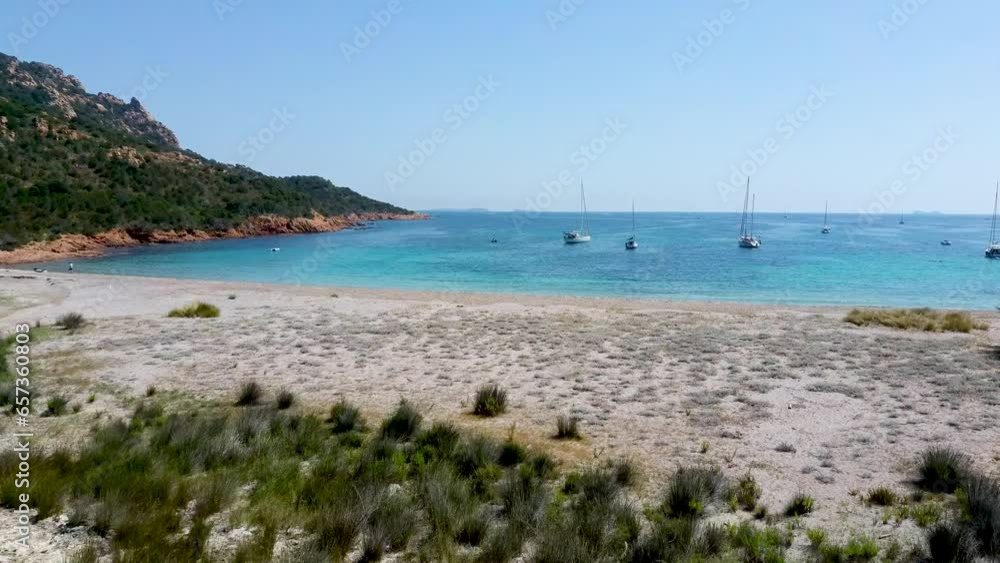 Splendid bay with turquoise water and boats anchored at anchor, aerial shots Splendid bay with turquoise water and boats anchored at anchor, aerial shots