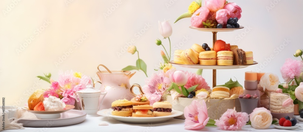 Tea time dessert table three tiered tray with assortment of treats and sandwiches either in spring or summer With copyspace for text Tea time dessert table three tiered tray with assortment of treats and sandwiches either in spring or summer With copyspace for text
