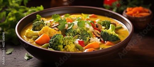 Coconut milk bowl with vegetable curry With copyspace for text