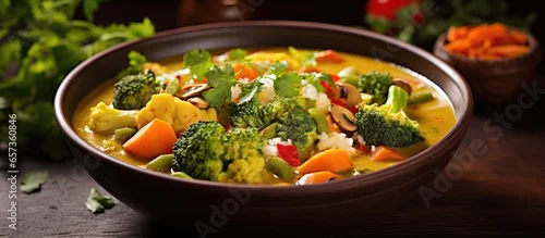 Panel kuchenny z motywem Coconut milk bowl with vegetable curry With copyspace for text