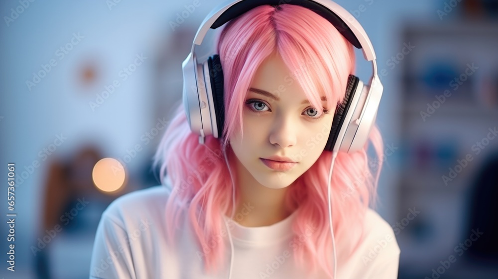 Teenage gamer girl with pink short hair wearing headset looking into camera.